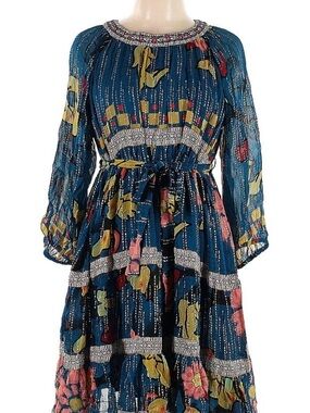 Teal Floral Tiered Viscose Midi Dress with Long Sleeves, Made in India